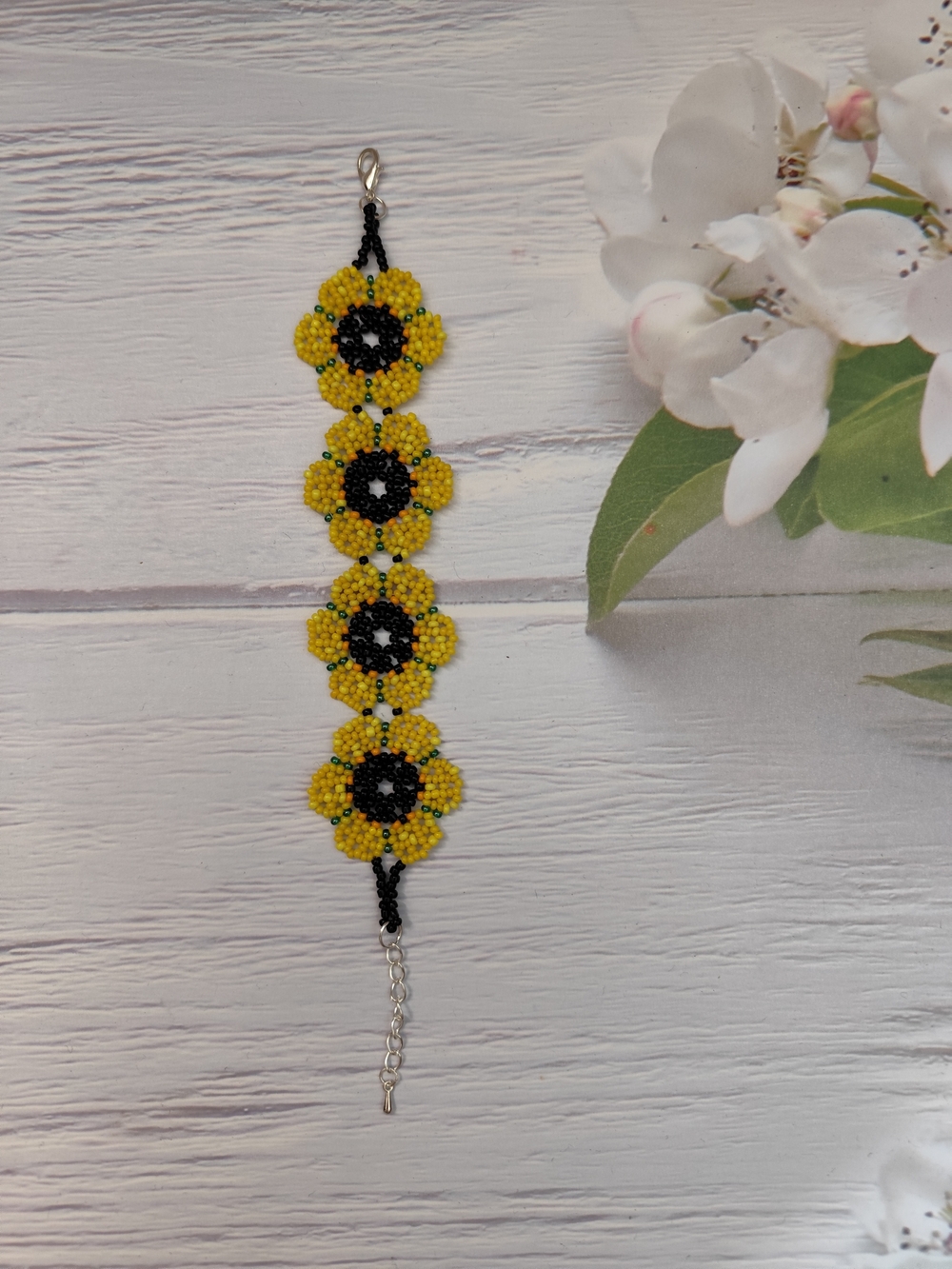 Yellow Beaded Sunflower Bracelet with Black Centers